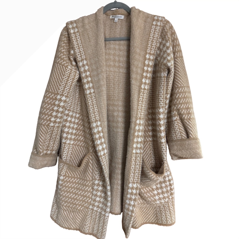 Workshop Republic Clothing Tan Houndstooth Hooded Knit Cardigan Sweater S